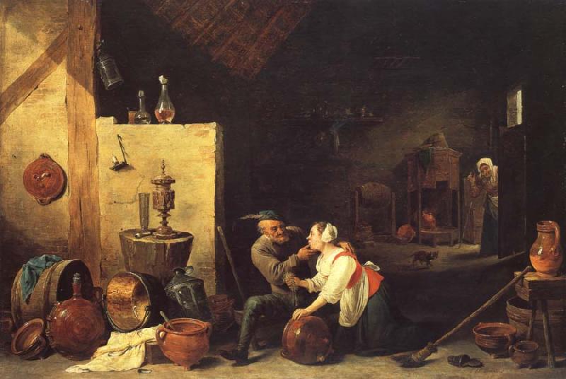 David Teniers An Old Peasant Caresses a Kitchen Maid in a Stable Sweden oil painting art
